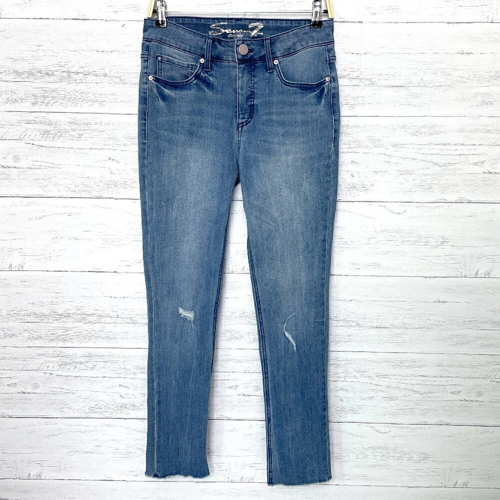Seven7 Women's Jeans High Rise Slim Straight Leg Distressed Medium Wash size 4